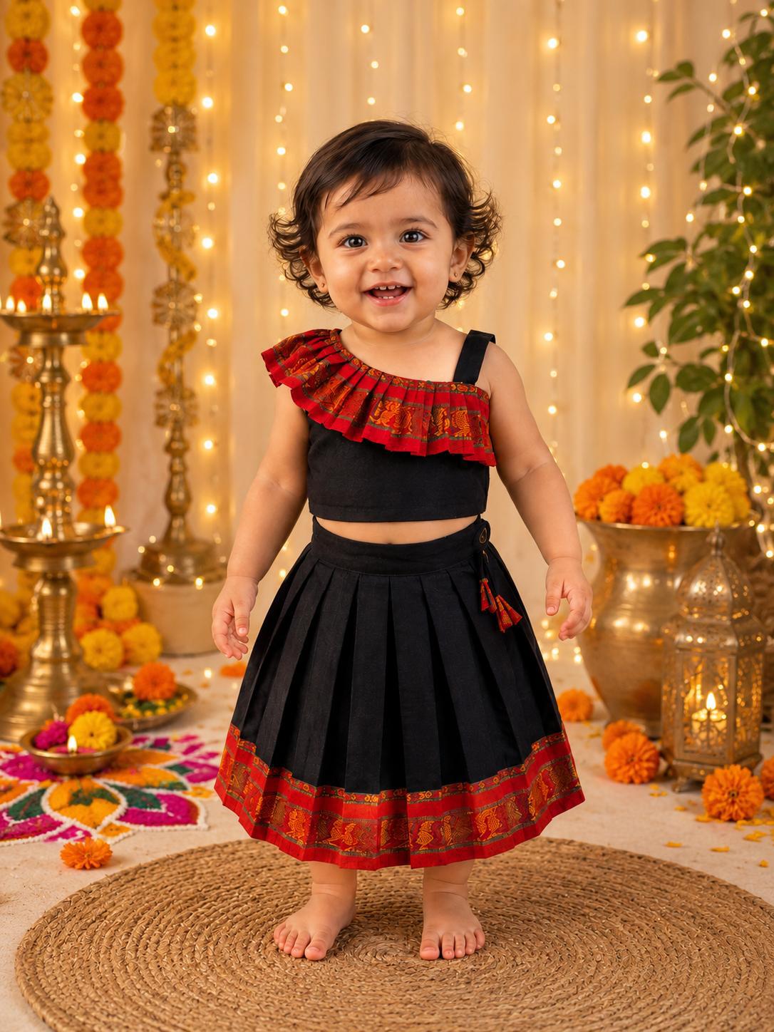 Black & Red Contemporary Pattu Pavadai Set for Baby Girls